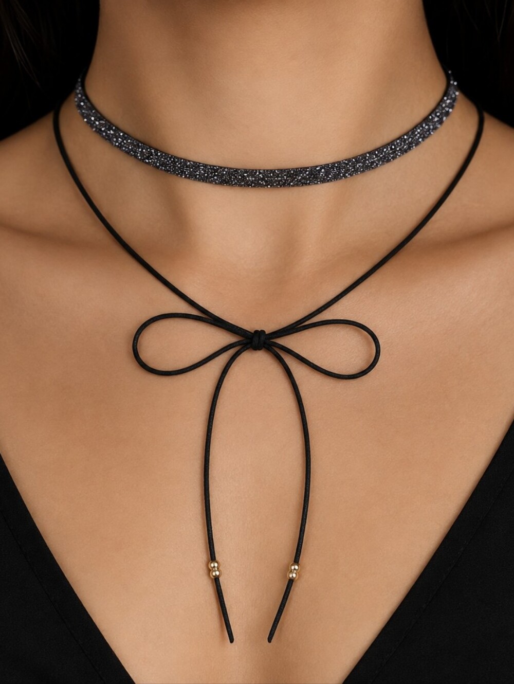 Gothic Romance Multi-Strand Choker – Black Glitter Band with Delicate String Bow